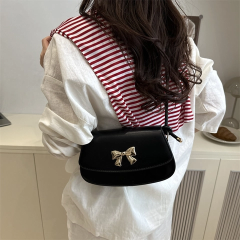 Borsa A Tracolla In Pelle PU Da Donna Fibbia Con Fiocco In Metallo Dorato Patta Piccola Borsa Quadrata Moda Urbana