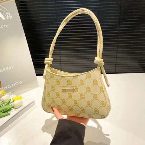 Vintage Monogram Baguette Underarm Bag For Women PU Leather Knot Shoulder Strap Metal Bar Decorative Hobo Handbag Fashion