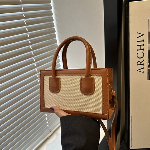 Bolso de Hombro Retro de PU con Bloque de Color para Mujer Bolso de Mano de Gran Capacidad con Costuras para Uso Diario