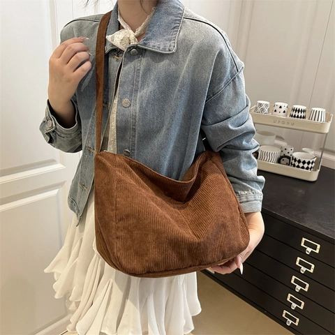 Women Corduroy Crossbody Bag Large Capacity Ribbed Hobo Shoulder Bag Vintage Casual Tote Bag For Students Daily Use