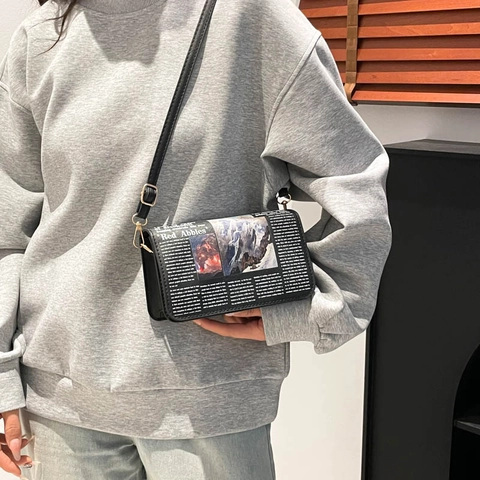 Women Retro Newspaper Print Crossbody Bag PU Leather Small Square Shoulder Bag Gold Hardware Stylish Street Messenger