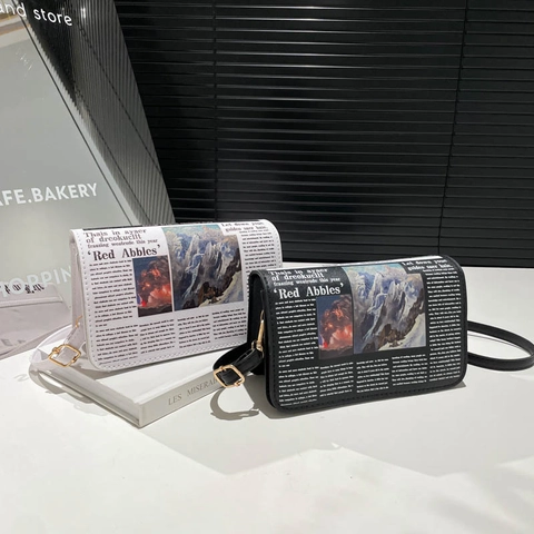 Newspaper Print PU Leather Crossbody Bag For Women Fashion Small Square Shoulder Bag With Adjustable Strap Retro Handbag