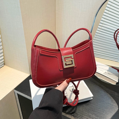 Women Underarm Shoulder Bag PU Leather Minimalist Solid Color Metal Buckle Knot Strap Fashion Handbag