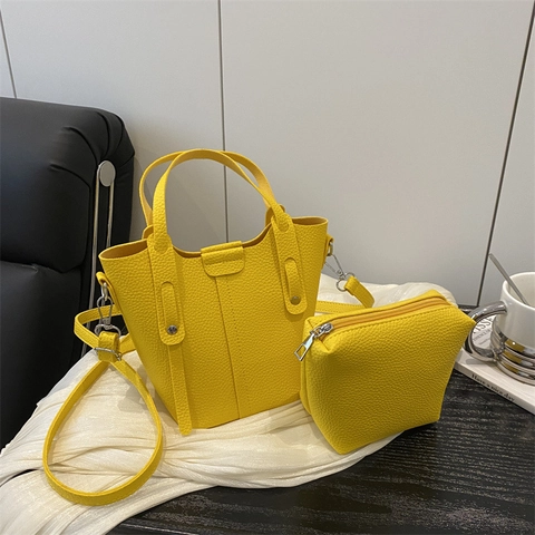 Women's Minimalist Litchi Grain PU Leather Bucket Bag And Inner Pouch Large Capacity Crossbody Handbag For Work Daily Use