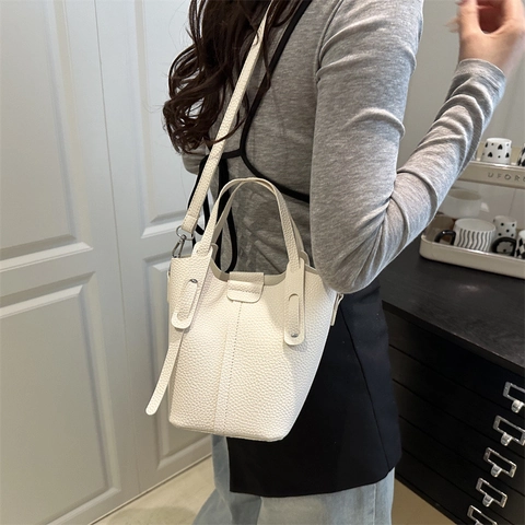 Women's Minimalist Litchi Grain PU Leather Bucket Bag And Inner Pouch Large Capacity Crossbody Handbag For Work Daily Use