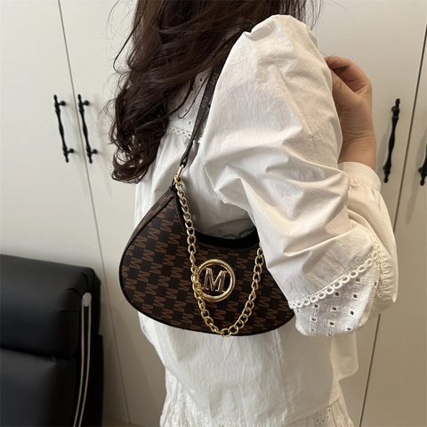Hobo Bag For Women PU Leather Monogram Pattern Gold Chain Half Moon Underarm Crossbody Handbag Chic Commuter