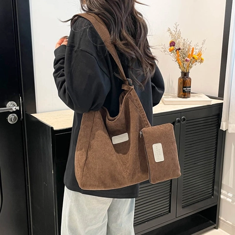 Vintage Corduroy Large Capacity Tote And Small Pouch Soft Hobo Shoulder Bag For Women Daily Casual Minimalist