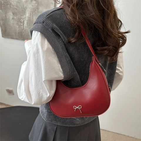 Women Fashion Bowknot PU Leather Underarm Bag Trendy Versatile Crescent Hobo Shoulder Bag Elegant Solid Color Handbag For Girls