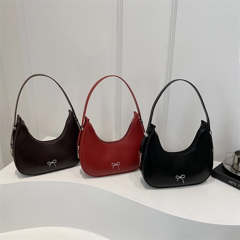 Fashion Women PU Leather Hobo Bag Sweet Silver Bow Decoration Half Moon Underarm Bag Minimalist Shoulder Bag Solid Color Zip Closure Daily Handbag
