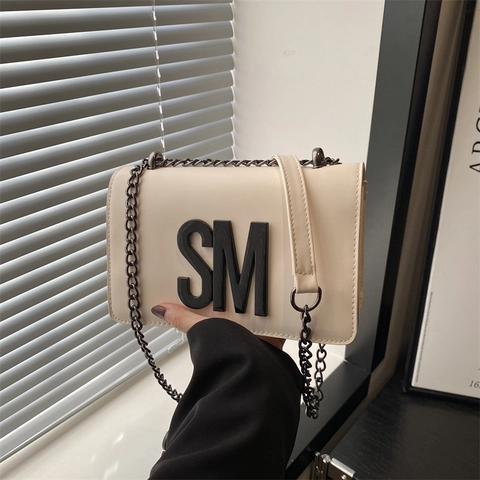 Borsa a Tracolla da Donna in Pelle PU Moda Lettera SM Semplice Tracolla a Catena in Metallo Piccola Borsa Quadrata Versatile Casual