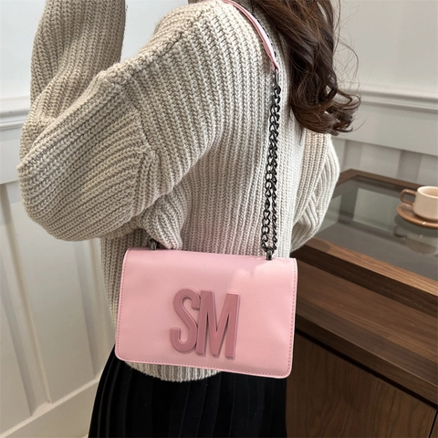 Borsa a Tracolla da Donna in Pelle PU Moda Lettera SM Semplice Tracolla a Catena in Metallo Piccola Borsa Quadrata Versatile Casual