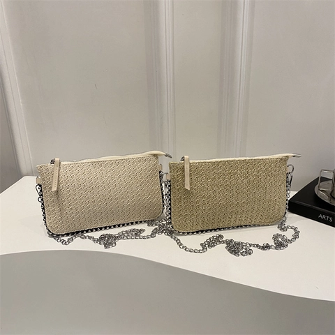 Damen Vintage Geflochtene Schultertasche Mit Metallkette Minimalistische Achseltasche Kleine Quadratische Strohtasche Für Den Alltag