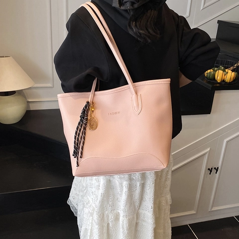 Sac Fourre-Tout Femme Imprimé Lettres Grande Capacité en Cuir Artificiel Sac à Épaule Motif Litchi Décontracté