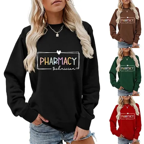 Women Casual Crew Neck Long Sleeve Sweatshirt Pharmacy Technician Letter Print Pullover Cotton Blend Loose Fashion Top
