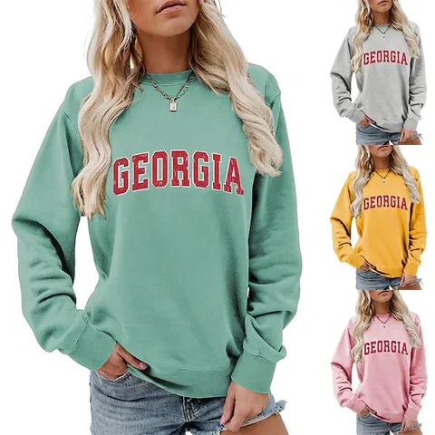 Georgia Letter Print Crewneck Sweatshirt Long Sleeve Cotton Blend Loose Fit Casual Pullover Women Fashion