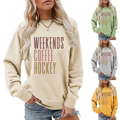 Sudadera de Mezcla de Algodón Casual para Mujer Cuello Redondo Estampado Weekends Coffee Hockey Manga Larga Pullover Suelto