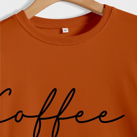 Sweatshirt Femme Col Rond Manches Longues Mélange Coton Épaules Tombantes Baggy Coffee Kinda Day Imprimé Slogan Pull Décontracté
