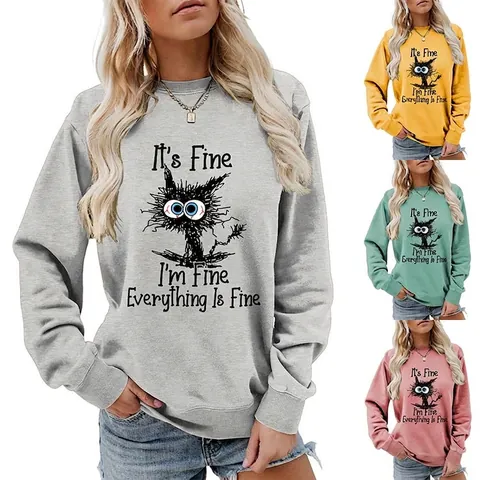 Sweatshirt Femme Imprimé Chat Rigolo Coton Polyester Col Rond Manches Longues Décontracté Pull Ample Haut
