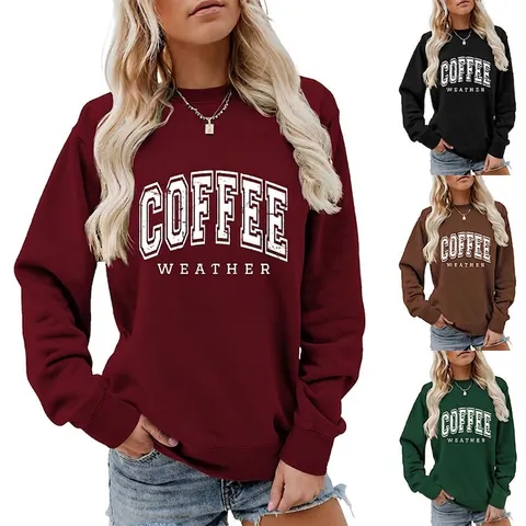Women Sweatshirt Crewneck Long Sleeve Cotton Blend Letter Print Coffee Weather Vintage Retro Casual Loose Fit Pullover Tops