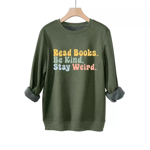 Women Crew Neck Sweatshirt Cotton Blend Fleece Lined Long Sleeve Oversized Slogan Print Retro Casual Pullover Top