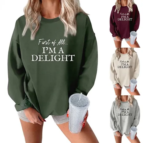 Sweat-Shirt Femme Col Rond Manches Longues Mélange Coton Doublé Polaire Imprimé Lettres Oversize Pull Décontracté Streetwear