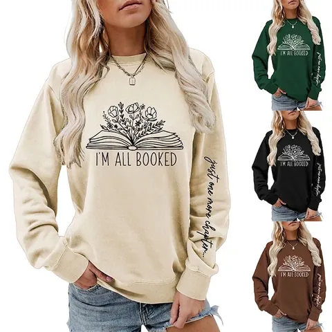 Damen Casual Baumwollmischung Sweatshirt Rundhals Langarm Pullover Mit I'M ALL BOOKED Blumen Buchstaben Druck Locker Top