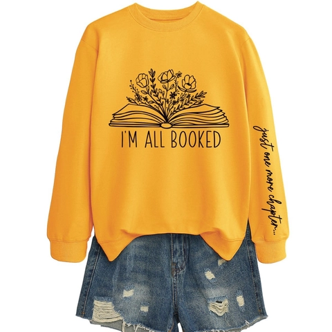 Damen Casual Baumwollmischung Sweatshirt Rundhals Langarm Pullover Mit I'M ALL BOOKED Blumen Buchstaben Druck Locker Top