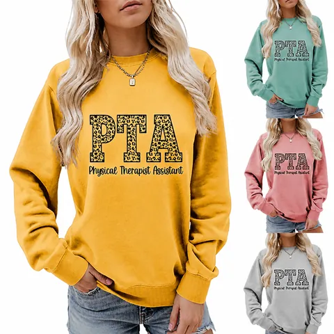 Sudadera Casual para Mujer PTA Physical Therapist Assistant Estampado de Leopardo Manga Larga Cuello Redondo Pulóver Top