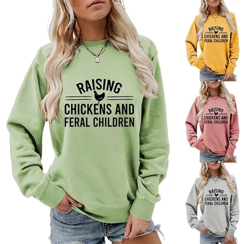 Sweat-shirt à Col Rond pour Femmes Manches Longues Pullover Avec Imprimé Graphique Raising Chickens And Feral Children Top Décontracté en Mélange de Coton