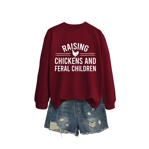 Sweat-shirt à Col Rond pour Femmes Manches Longues Pullover Avec Imprimé Graphique Raising Chickens And Feral Children Top Décontracté en Mélange de Coton