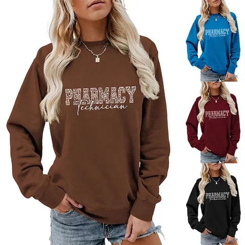 Women Pharmacy Technician Sweatshirt Leopard Print Crewneck Long Sleeve Cotton Blend Casual Pullover Top