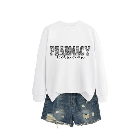 Women Pharmacy Technician Sweatshirt Leopard Print Crewneck Long Sleeve Cotton Blend Casual Pullover Top