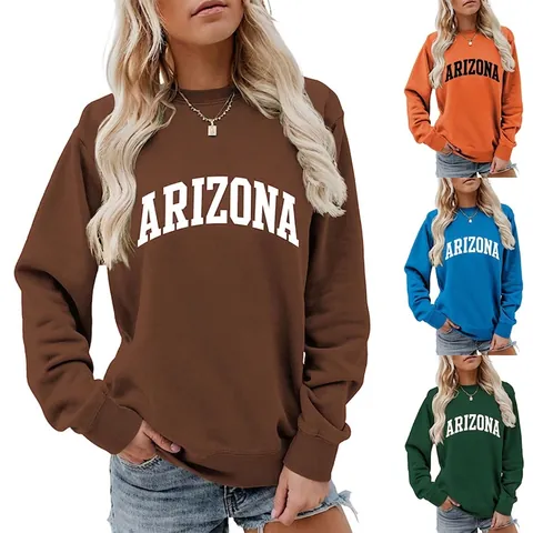 Sweatshirt Imprimé Arizona Et Short En Jean Coton Peigné Col Rond Manches Longues Coupe Ample Rétro Américain Femme Pull