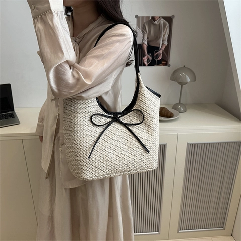 Borsa Tote in Paglia Intrecciata di Grande Capacità Per Donna Borsa a Tracolla Minimalista Con Finiture in Pelle PU e Fiocco