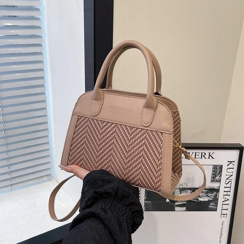 Retro Shell Crossbody Bag Women PU Leather Woven Patchwork Handbag Urban Simple Versatile Top Handle Satchel For Daily Use
