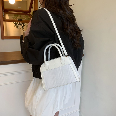 Retro Shell Crossbody Bag Women PU Leather Woven Patchwork Handbag Urban Simple Versatile Top Handle Satchel For Daily Use