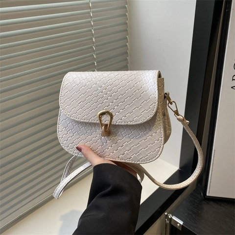 Women Crossbody Bag Woven Texture Small Square Flap Golden Horseshoe Lock Retro Solid Color Shoulder Purse For Daily