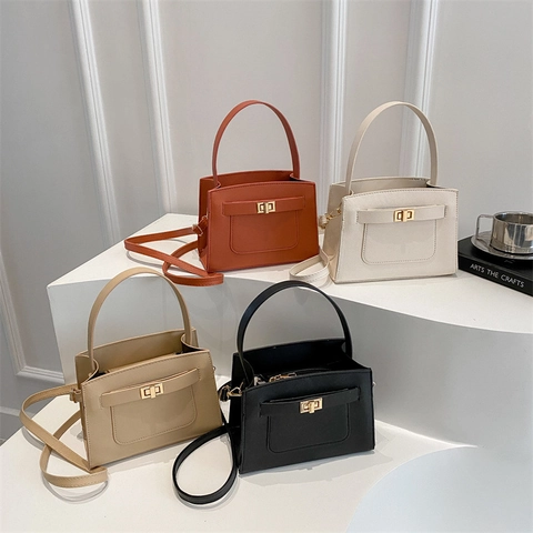 Women Saffiano PU Leather Handbag Minimalist Solid Color Shoulder Crossbody Bag With Golden Twist Lock Top Handle