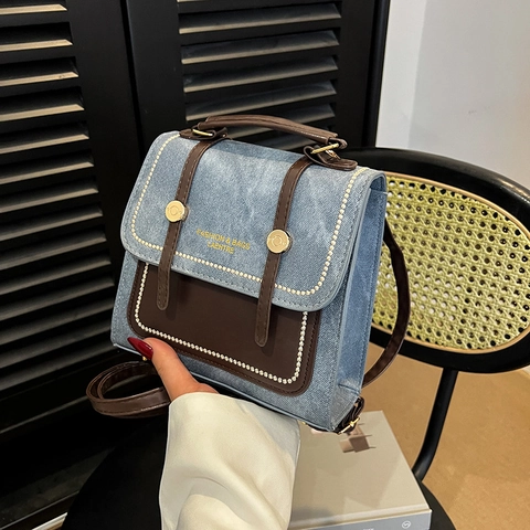 Borsa a Tracolla Vintage da Donna Multifunzionale in Pelle PU Denim Patchwork Zainetto Quadrato Borsetta da Viaggio Quotidiana