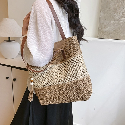 Bolso Tote de Paja Tejida para Mujer Boho Bloques de Color Gran Capacidad Bolso de Hombro de Playa Con Decoración de Borla Madera