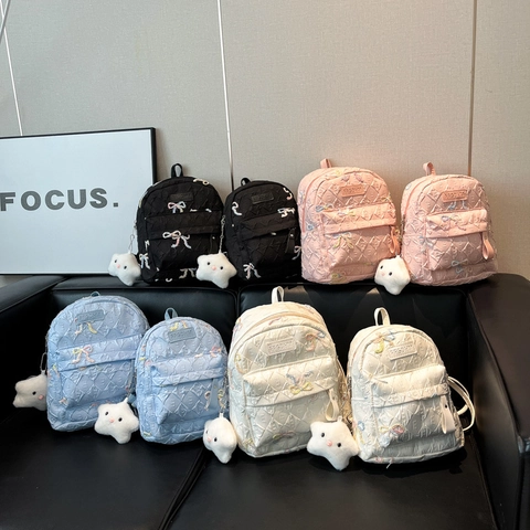 Women Quilted Bowknot Embroidery Backpack Japanese Kawaii School Bag Large Capacity Student Daypack For Girls Travel Backpack