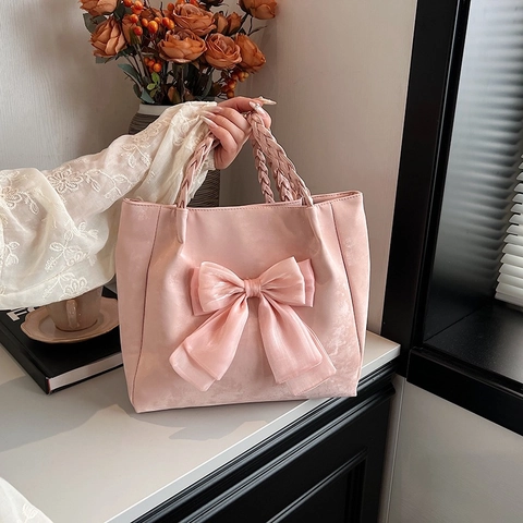 Bolso Tote de Mujer de Gran Capacidad de Cuero PU Con Lazo de Satén Asa Trenzada Color de Contraste Bolso de Hombro