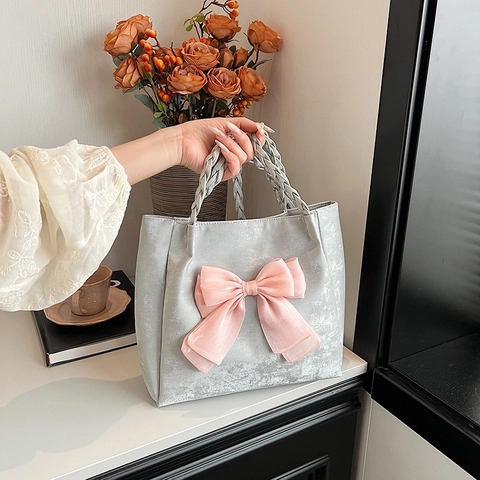 Bolso Tote de Mujer de Gran Capacidad de Cuero PU Con Lazo de Satén Asa Trenzada Color de Contraste Bolso de Hombro