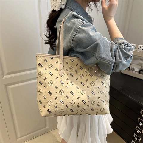 Grote PU Leren Tote Bag Met Cartoon Beer Print En Letters Casual Chique Schoudertas Voor Dames