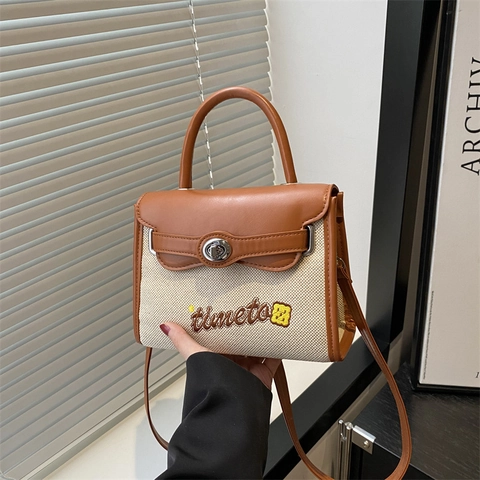 Bolso Bandolera De Mujer Color Block Lona Cuero PU Costuras Asa Superior Bolso De Mano Bordado Bolso Cuadrado