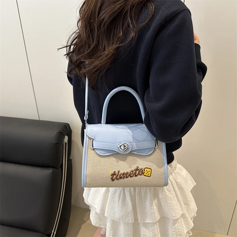 Bolso Bandolera De Mujer Color Block Lona Cuero PU Costuras Asa Superior Bolso De Mano Bordado Bolso Cuadrado