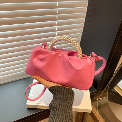 Elegante Bolso Nube Plisado Para Mujer Con Mango De Perla Artificial Cuero PU Bolso De Mano Bandolera Color Sólido
