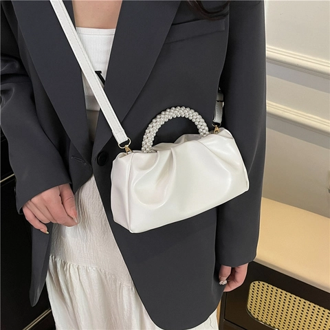 Elegante Bolso Nube Plisado Para Mujer Con Mango De Perla Artificial Cuero PU Bolso De Mano Bandolera Color Sólido