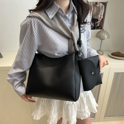 Juego de Bolso Tote de Cuero PU Simple Retro de Color Sólido Con Subbolso Para Mujer Bolso de Hombro Versátil Diario