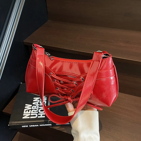 Borsa Baguette Da Sottobraccio Donna Pelle PU Lucida Stringata Fiocco Stile Y2K Sweet Cool Spalla Tracolla